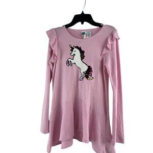 Extremely Me NWT Girls Sequin Unicorn Ruffle Long Sleeve Shirt Top L Pink Casual
